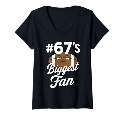 Damen Nummer 67 Biggest Fan Fußball Mama Frau Supporter Sohn Cheer T-Shirt mit V-Ausschnitt von Biggest Football Fan Number Apparel