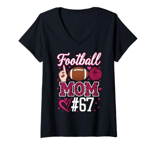 Damen Nummer 67 Biggest Fan Fußball Mama Frau Supporter Sohn Cheer T-Shirt mit V-Ausschnitt von Biggest Football Fan Number Apparel