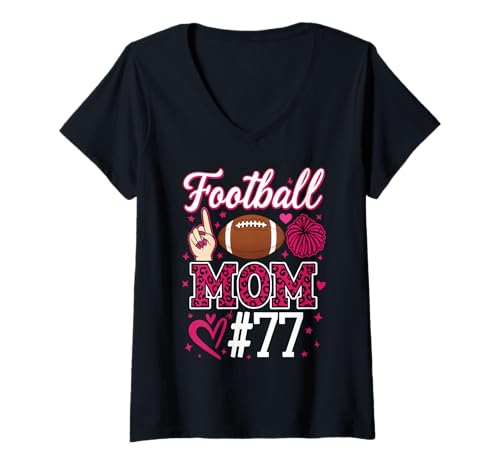 Damen Nummer 77 Biggest Fan Fußball Mama Frau Supporter Sohn Cheer T-Shirt mit V-Ausschnitt von Biggest Football Fan Number Apparel