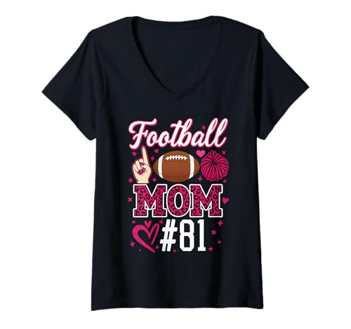 Damen Nummer 81 Biggest Fan Fußball Mama Frau Supporter Sohn Cheer T-Shirt mit V-Ausschnitt von Biggest Football Fan Number Apparel