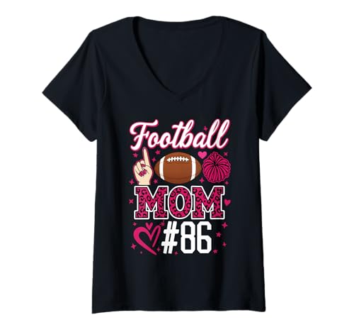 Damen Nummer 86 Biggest Fan Fußball Mama Frau Supporter Sohn Cheer T-Shirt mit V-Ausschnitt von Biggest Football Fan Number Apparel