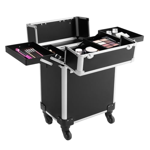 Kosmetikkoffer Trolley Rolling Make up Reisekoffer Aluminiu Rollender Schminkkoffer mit Rädern Kosmetikkoffer mit Schlüsseln für Make up Künstler, Friseurstylisten, Sticker, Kosmetologen Schwarz von Biggittig