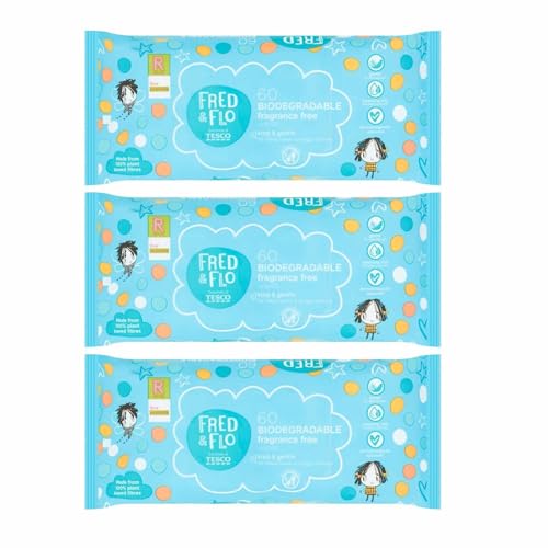 240 Fred & Flo Kind & Sanfte parfümfreie Tücher, biologisch abbaubar (4 x 60 Tücher = 240 Tücher), Toilettentraining für Babys, weiche Haut, sanfte und zarte Haut, aus 100 % pflanzlichen Fasern von PGONA