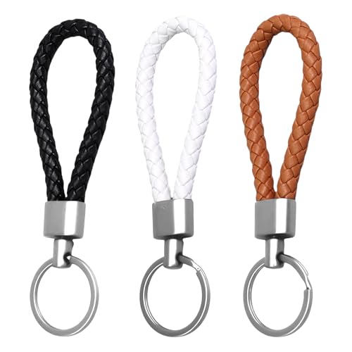 Biglumin Schlüsselanhänger - Set mit 3 geflochtenen Kunstleder-Schlüsselanhängern, Schlüsselringe, Schlüsselband kurz, Schlüsselanhänger für Motorradautos (Schwarz + Weiß + Kaffee). von Biglumin