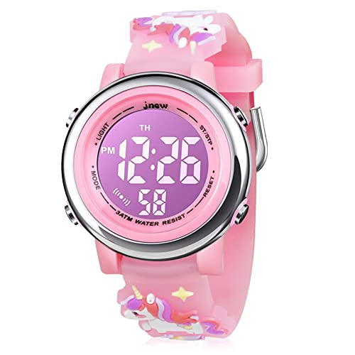 Bigmeda Kinder Armbanduhr 3D Cartoon Wasserdicht 7 Farben Lichter Kleinkind Handgelenk Digitaluhr mit Alarm Stoppuhr für 3-10 Jahre Jungen Mädchen kleines Kind (Hellrosa Einhorn) von Bigmeda