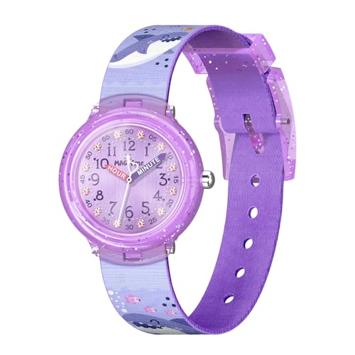 Bigmeda Kinderuhr Einhorn Armbanduhr Tierdrucke Textil Armband Analoge Junge Mädchen (Haifisch Lila) von Bigmeda