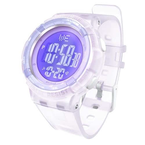 Bigmeda Uhren für Kinder Mädchen Jungen 50 M Wasserdicht Sports Outdoor Digitaluhr Kinder Armbanduhr mit Wecker/Stoppuhr/EL-backLicht/Datum (GD-Transparent Lila) von Bigmeda