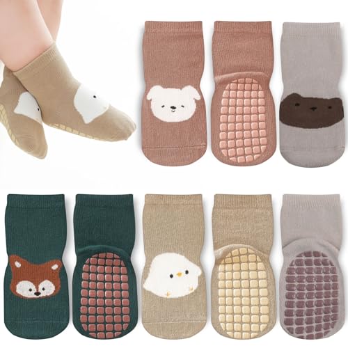 Bigqin 4 Paar Baby Socken Antirutschsocken für Kinder Mädchen Jungen, Frühling Herbst Warme süße Tier Cartoon Stoppersocken Kleinkinder Kinder Rutschfeste Baumwollsocken für 1-3 Jahre Alt von Bigqin