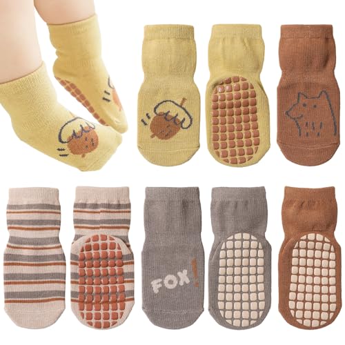 Bigqin 4 Paar Baby Socken für Mädchen Jungen Dünn Frühling Herbst Warme süße Tier Cartoon Kleinkinder Kinder Rutschfeste Baumwollsocken, für 0-1 Jahre Alt, Khaki/Grau/Braun/Gelb, S von Bigqin