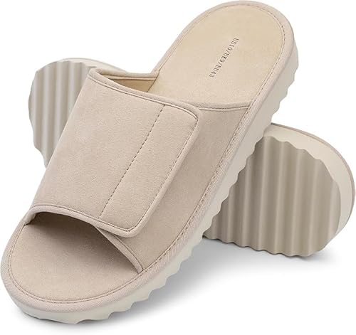 Bigwow Herren-Hausschuhe, offener Zehenbereich, verstellbar, Veloursleder, extra breit, rutschfest, für den Innenbereich, Beige, 42 EU von Bigwow