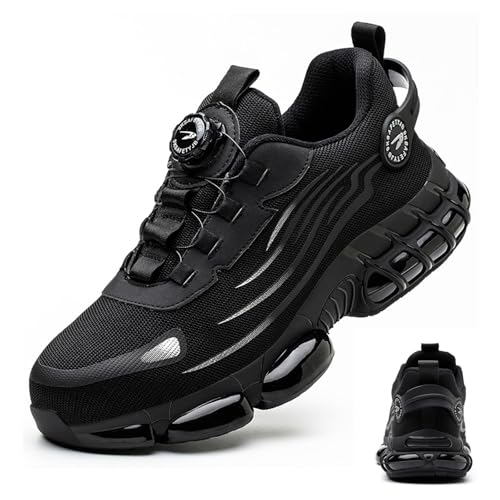 Bigzagger Arbeitsschuhe Herren Sicherheitsschuhe Herren Leicht Sportlich Stahlkappenschuhe mit Drehknopf Schnürsenkel rutschfest Atmungsaktiv Anti-Smash und Anti-Punktur Schnittschutzschuh von Bigzagger
