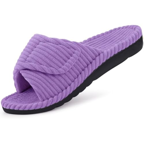 Bigzagger Hausschuhe Damen Winter Plüsch Schlappen mit Klettverschluss und Fußgewölbeunterstützung Warme Rutschfeste Pantoffeln Slipper für Schlafzimmer, offener Zehen von Bigzagger