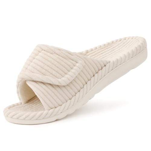 Bigzagger Hausschuhe Damen Winter Plüsch Schlappen mit Klettverschluss und Fußgewölbeunterstützung Warme Rutschfeste Pantoffeln Slipper für Schlafzimmer, offener Zehen von Bigzagger