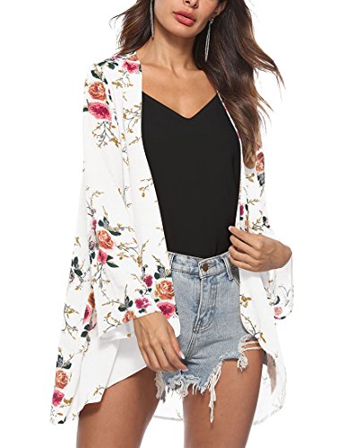 BiilyLi Damen Blumenmuster Dünne Jacke Strickjacke mit Schalkragen Langarm Leichte Strickjacke Cardigan Langarmshirt Lose Oberteil Mantel Jacke Sommer Herbst Sonnenschutz (EU L, Weiß) von BiilyLi