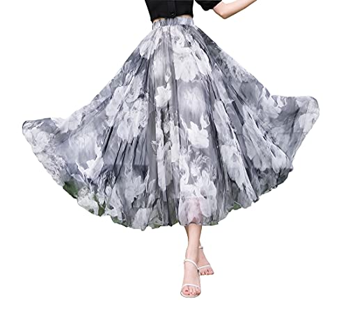 Damen Elegant Blumen Lang Rock Chiffon Maxi Tanzrock Hohe Taille Elastische Taille Hochzeit Cocktail Sommerrock Faltenrock Strandrock von BiilyLi