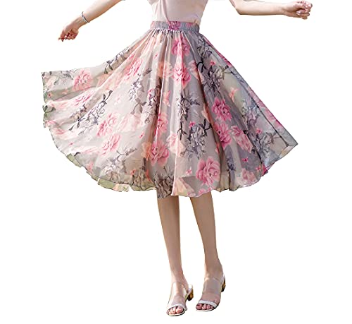 Damen Elegant Blumen Lang Rock Chiffon Midi Tanzrock Hohe Taille Elastische Taille Hochzeit Cocktail Sommerrock Faltenrock Strandrock von BiilyLi