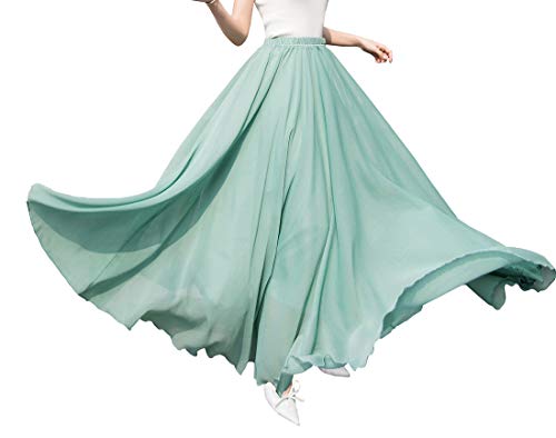 Damen Elegant Maxirock Chiffon Rock Lang Festlich Rock Elastischer Taillen Hochzeit Cocktail Langrock Prinzessin Sommerrock Faltenrock Strandrock (L, Hellgrün 1) von BiilyLi