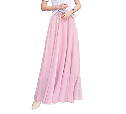 Damen Elegant Maxirock Chiffon Rock Lang Festlich Rock Elastischer Taillen Hochzeit Cocktail Langrock Prinzessin Sommerrock Faltenrock Strandrock (L, Pink) von BiilyLi