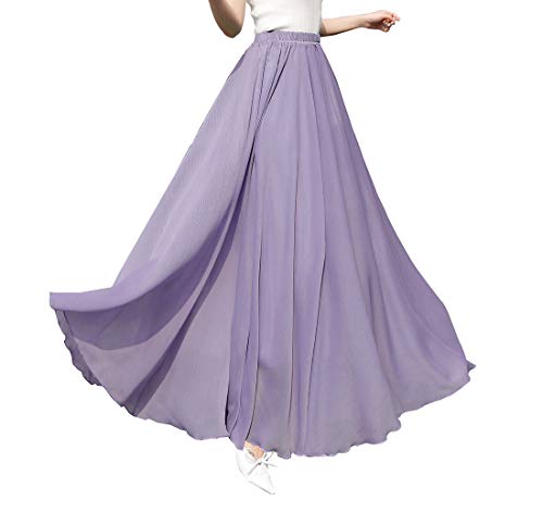 Damen Elegant Maxirock Chiffon Rock Lang Festlich Rock Elastischer Taillen Hochzeit Cocktail Langrock Prinzessin Sommerrock Faltenrock Strandrock (L, Rauch lila) von BiilyLi