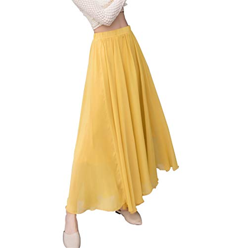 Damen Elegant Maxirock Chiffon Rock Lang Festlich Rock Elastischer Taillen Hochzeit Cocktail Langrock Prinzessin Sommerrock Faltenrock Strandrock (M, Gelb) von BiilyLi