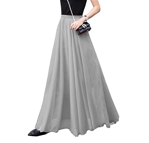 Damen Elegant Maxirock Chiffon Rock Lang Festlich Rock Elastischer Taillen Hochzeit Cocktail Langrock Prinzessin Sommerrock Faltenrock Strandrock (M, Grau) von BiilyLi