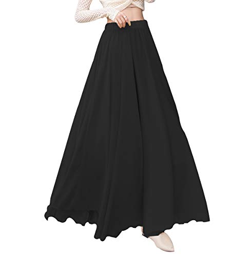 Damen Elegant Maxirock Chiffon Rock Lang Festlich Rock Elastischer Taillen Hochzeit Cocktail Langrock Prinzessin Sommerrock Faltenrock Strandrock (M, Schwarz) von BiilyLi