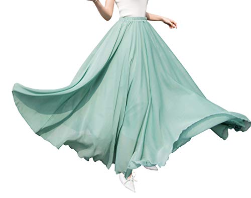 Damen Elegant Maxirock Chiffon Rock Lang Festlich Rock Elastischer Taillen Hochzeit Cocktail Langrock Prinzessin Sommerrock Faltenrock Strandrock (S Hellgrün 1) von BiilyLi