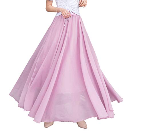 Damen Elegant Maxirock Chiffon Rock Lang Festlich Rock Elastischer Taillen Hochzeit Cocktail Langrock Prinzessin Sommerrock Faltenrock Strandrock (S Pink 1) von BiilyLi