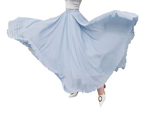 Damen Elegant Maxirock Chiffon Rock Lang Festlich Rock Elastischer Taillen Hochzeit Cocktail Langrock Prinzessin Sommerrock Faltenrock Strandrock (XL, Grau-Blau) von BiilyLi