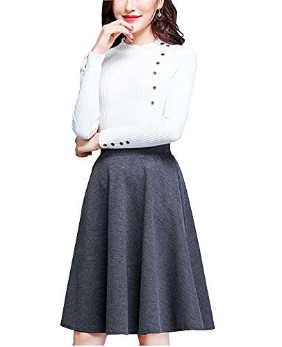 Damen Kurzer Rock Winter Woll Vintage Elegant Hohe Taille Rock 2021 Midi Casual Tasten Volltonfarbe Faltenrock Tutu Rock Grau M von BiilyLi