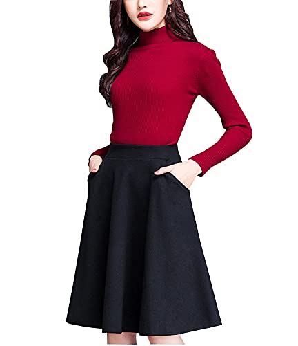 Damen Kurzer Rock Winter Woll Vintage Elegant Hohe Taille Rock 2021 Midi Casual Tasten Volltonfarbe Faltenrock Tutu Rock Schwarz S von BiilyLi