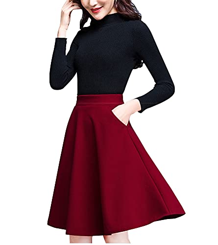 Damen Kurzer Rock Winter Woll Vintage Elegant Hohe Taille Rock 2021 Midi Casual Tasten Volltonfarbe Faltenrock Tutu Rock rot M von BiilyLi