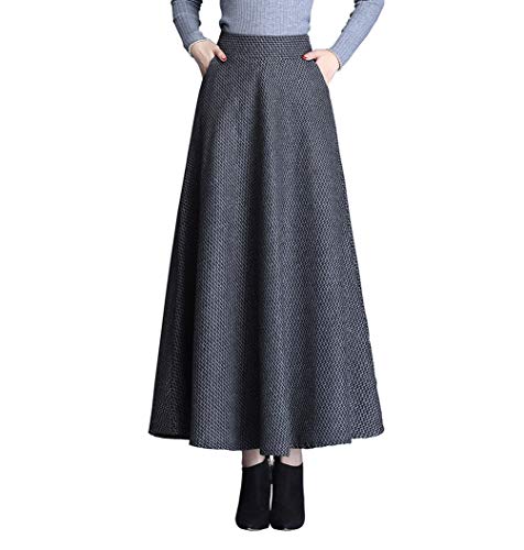 Damen Lange Rock Elegant Hohe Taille Winterrock Wollrock A-Linie Maxirock Faltenrock Retro Röcke 1951 Dark Gray -S von BiilyLi