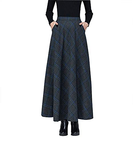 Damen Lange Rock Elegant Hohe Taille Winterrock Wollrock A-Linie Maxirock Faltenrock Retro Röcke 1954 Gray blau -M von BiilyLi
