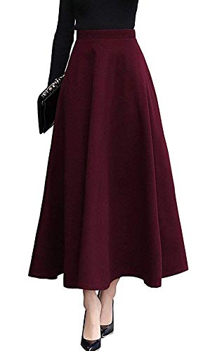 Rock Damen Lange Elegant Wollrock Winterrock Warm Casual Maxirock Hohe Taille A-Linie röcke Retro Elastische Taille Faltenrock Rotwein 1068 -L von BiilyLi