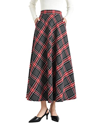 Damen Lange Rock Elegant Wollrock Winterrock Warm Plaid Casual Party Maxirock Hohe Taille A-Linie röcke Retro Elastische Taille Faltenrock 13 -M von BiilyLi