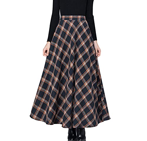 Damen Lange Rock Elegant Wollrock Winterrock Warm Plaid Casual Party Maxirock Hohe Taille A-Linie röcke Retro Elastische Taille Faltenrock Blau-Orange -XL von BiilyLi