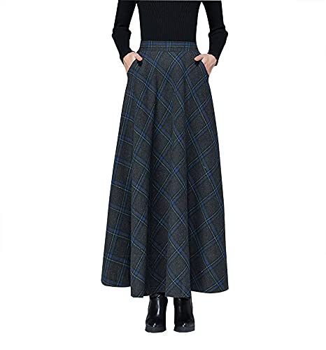 Damen Lange Rock Elegant Wollrock Winterrock Warm Plaid Casual Party Maxirock Hohe Taille A-Linie röcke Retro Elastische Taille Faltenrock Grau Blau -L von BiilyLi