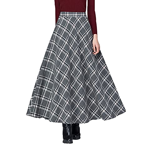 Damen Lange Rock Elegant Wollrock Winterrock Warm Plaid Casual Party Maxirock Hohe Taille A-Linie röcke Retro Elastische Taille Faltenrock Grau -L von BiilyLi