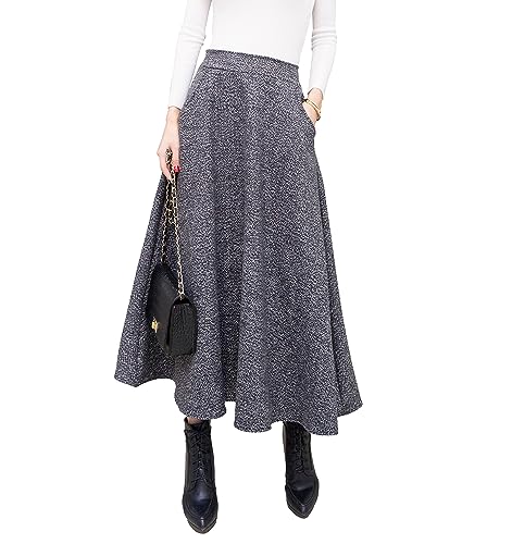 Damen Lange Rock Elegant Wollrock Winterrock Warm Plaid Casual Party Maxirock Hohe Taille A-Linie röcke Retro Elastische Taille Faltenrock Grey -L von BiilyLi