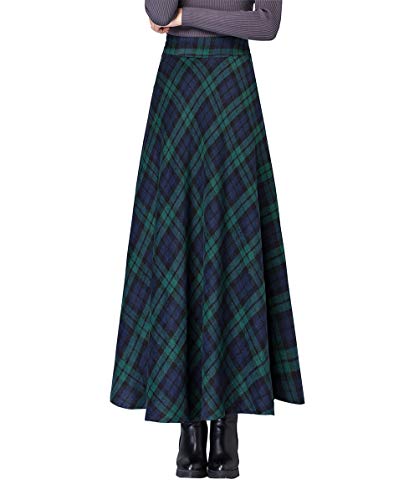 Damen Lange Rock Elegant Wollrock Winterrock Warm Plaid Casual Party Maxirock Hohe Taille A-Linie röcke Retro Elastische Taille Faltenrock Grün 182-L von BiilyLi