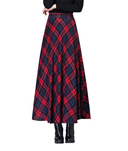 Damen Lange Rock Elegant Wollrock Winterrock Warm Plaid Casual Party Maxirock Hohe Taille A-Linie röcke Retro Elastische Taille Faltenrock Rot 184-L von BiilyLi