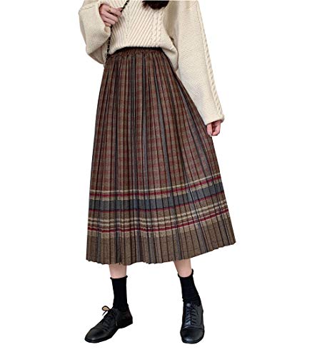 Damen Rock Lange Faltenrock Elegant Plaid Wollrock Winterrock Warm Hohe Taille A-Linie Elastische Taille Midirock 1-M von BiilyLi