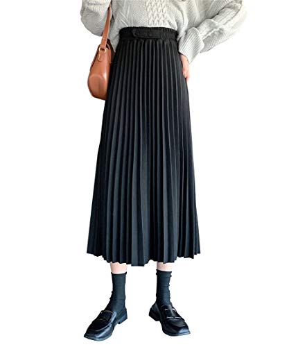 Damen Rock Lange Faltenrock Elegant Plaid Wollrock Winterrock Warm Hohe Taille A-Linie Elastische Taille Midirock 10-XL von BiilyLi