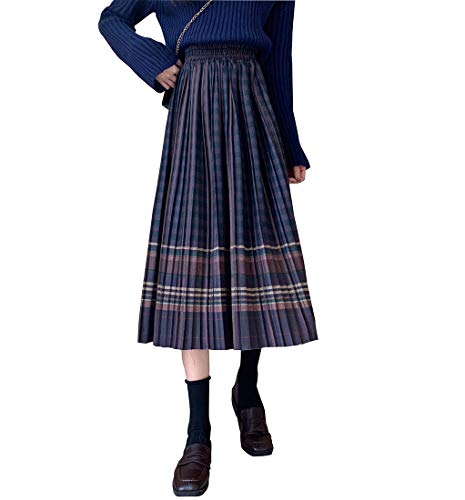 Damen Rock Lange Faltenrock Elegant Plaid Wollrock Winterrock Warm Hohe Taille A-Linie Elastische Taille Midirock 3-L von BiilyLi