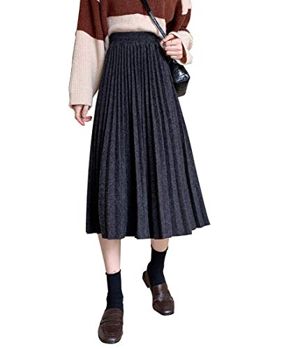 Damen Rock Lange Faltenrock Elegant Plaid Wollrock Winterrock Warm Hohe Taille A-Linie Elastische Taille Midirock 6-XL von BiilyLi