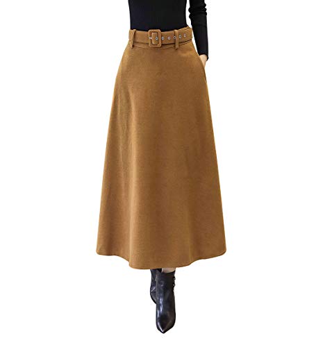 Damen Rock Lange Vintage Maxi Winterrock Wollrock Hohe Taille Röcke Warm Retro Elegant Herbst Feste Farbe Rock Passenden Gurt Gelb-S von BiilyLi