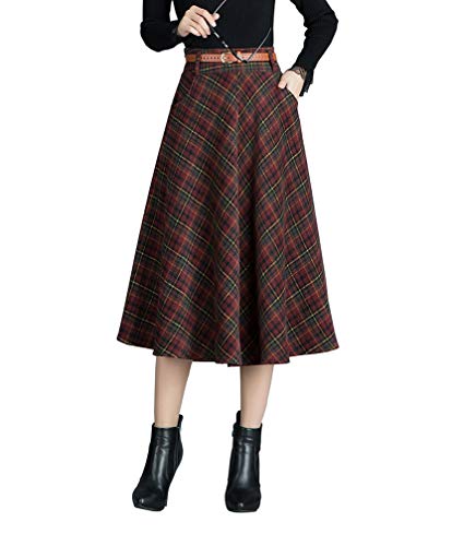 Damen Rock Lange Vintage Maxi Winterrock Wollrock Hohe Taille Röcke Warm Retro Elegant Herbst Feste Farbe Rock Passenden Gurt Rotes Gitter-S von BiilyLi