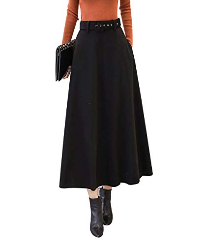 Damen Rock Lange Vintage Maxi Winterrock Wollrock Hohe Taille Röcke Warm Retro Elegant Herbst Feste Farbe Rock Passenden Gurt Schwarz-M von BiilyLi