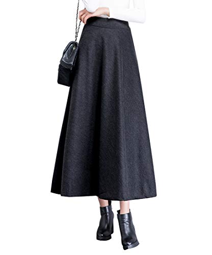 Damen Vintage Elegant Wollrock Langen Rock Warm Wolle Retro Elastische Taille hohe Taille Winterrock Herbst Feste Farbe Maxi röcke (L (Taille: 72 cm), Schwarz) von BiilyLi